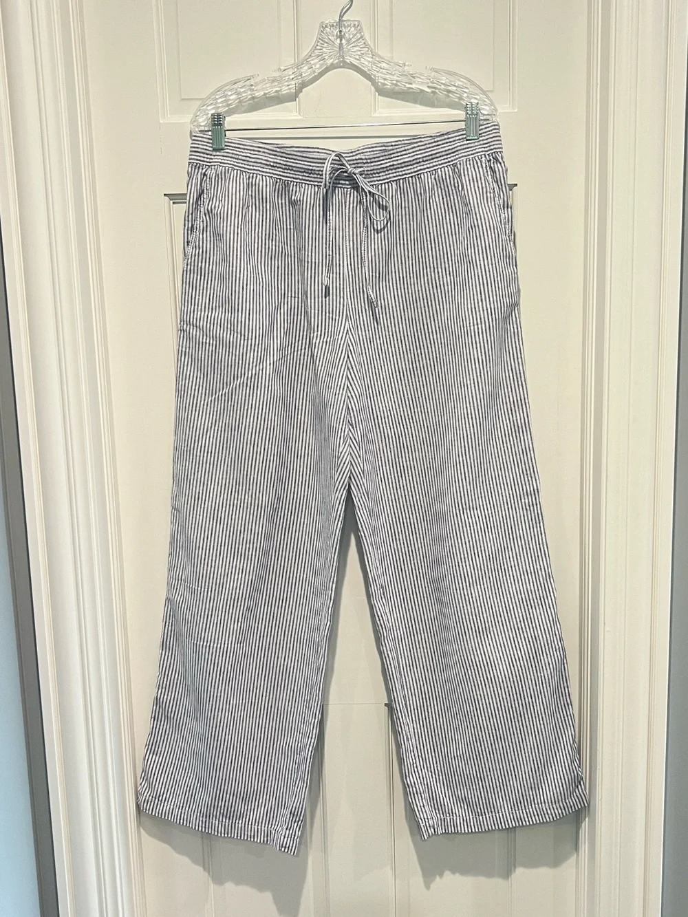H&M Linen Blend Drawstring Wide Leg Pants Blue White Pin Stripe Large